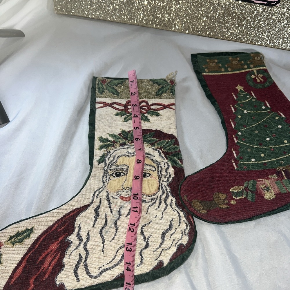 Lot Of 2 Vintage Christmas Stockings Santa Tree , Gold , Wine Unique Boho - Picture 9 of 10
